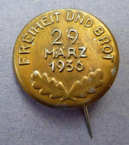 Third Reich : 'Freiheit und Brot 22 Marz 1936' metal 