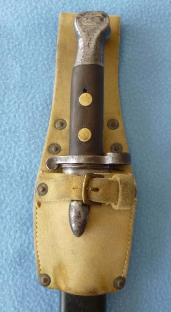 Pattern 1888 Lee-Metford Mk I, Type 2 bayonet complete with scabbard and buff-leather Slade Wallace pattern frog.
