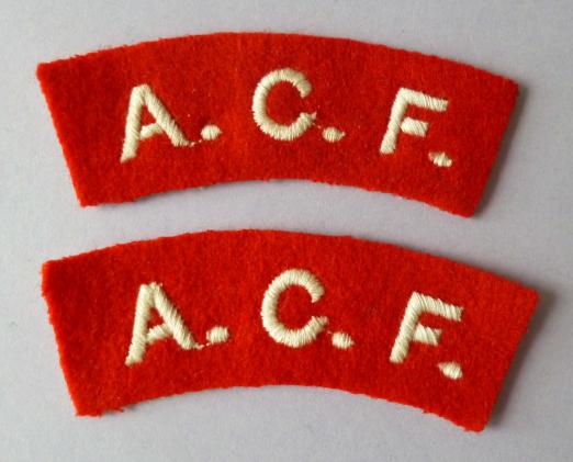 Pair of Army Cadet Force 'A.C.F.' machine-embroidered shoulder titles.