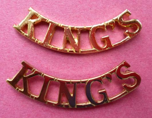 Pair of 'King's' Regiment Staybrite shoulder-titles.