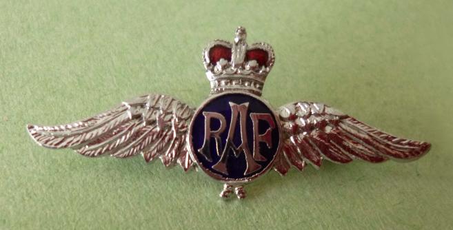 Royal Air Force Pilot's Wings chrome-plated and enamel Queen's crown Sweetheart Brooch.