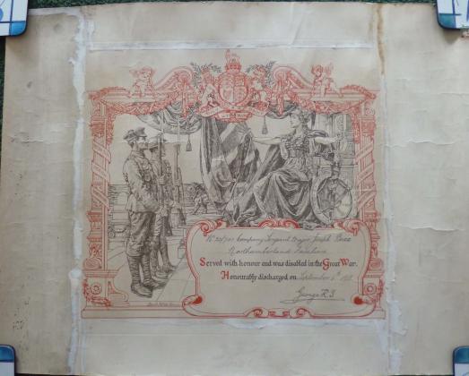 Original 1918 Honourable Discharge Certificate to 22/741 Company Sergeant Major Joseph Boxx, Northumberland Fusiliers.