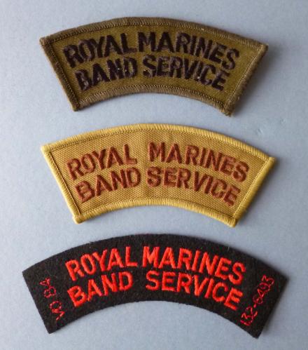 Three Royal Marines single 'Royal Marines Band Service' Cloth Shoulder Titles.