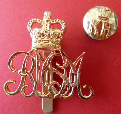 Royal Military School of Music Queen's crown Staybrite Cap Badge together with a Kneller Hall button.