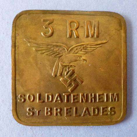 COPY : Third Reich Fantasy 3 Reichsmark Brass Token for use in the Soldartenheim, St.Brelades in Jersey.