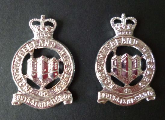 Northumberland Hussars Pair of Staybrite Queen's crown Collar Badges.