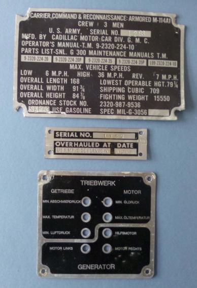 USA : Three Aluminium Plaques from Military Vehicles.