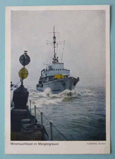 Third Reich : Postcard Coloured Photograph of Minesweepers at dawn.