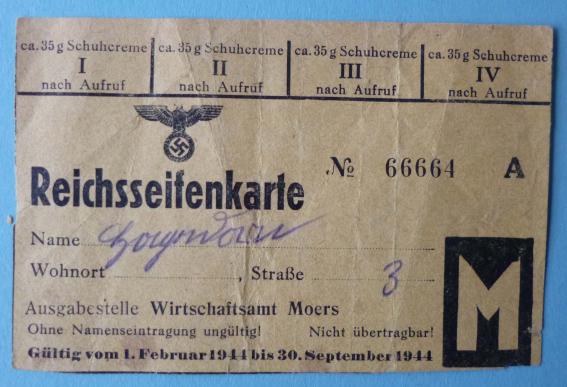 Third Reich : Reichsseifenkarte (Soap / Cleaning material Ration-card).