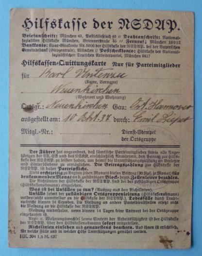 Third Reich : Hilfskasse der NSDAP Contributions Receipt- card.