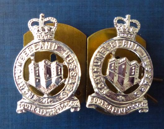 Northumberland Hussars Pair of Staybrite Queen's crown Collar Badges.