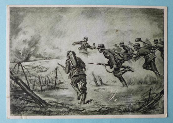 Third Reich : Black & White Picture-postcard Drawing of an Infantry Attack.