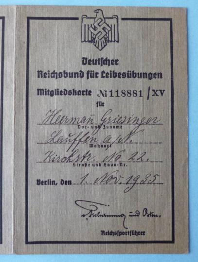 Third Reich : Membership Card for the Deutscher Reichsbund für Leibesübungen (DRL).