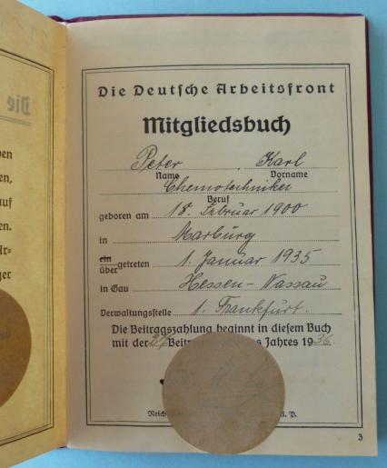 Third Reich : DAF Membership Book for a Chemical Technician with I.G.Farben.