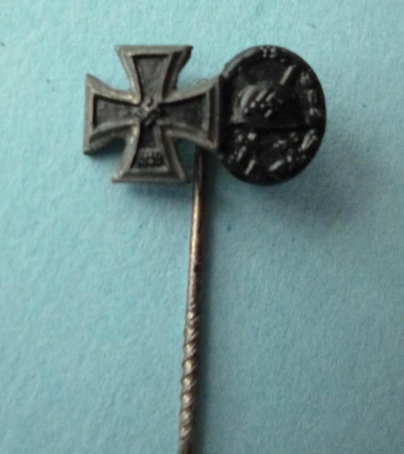 Third Reich : Miniature Lapel Stick-pin of 1939 Iron Cross 2nd Class & Black Wound Badge.