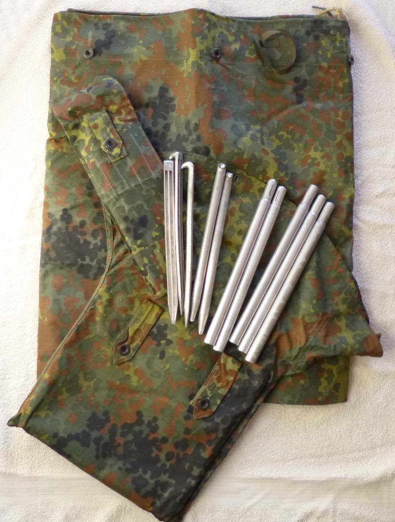 BRD : West German Bundeswehr Flecktarn (Camouflage) Zeltbahn Complete with Carrying-pouch plus Poles & Pegs in Separate Pouch.