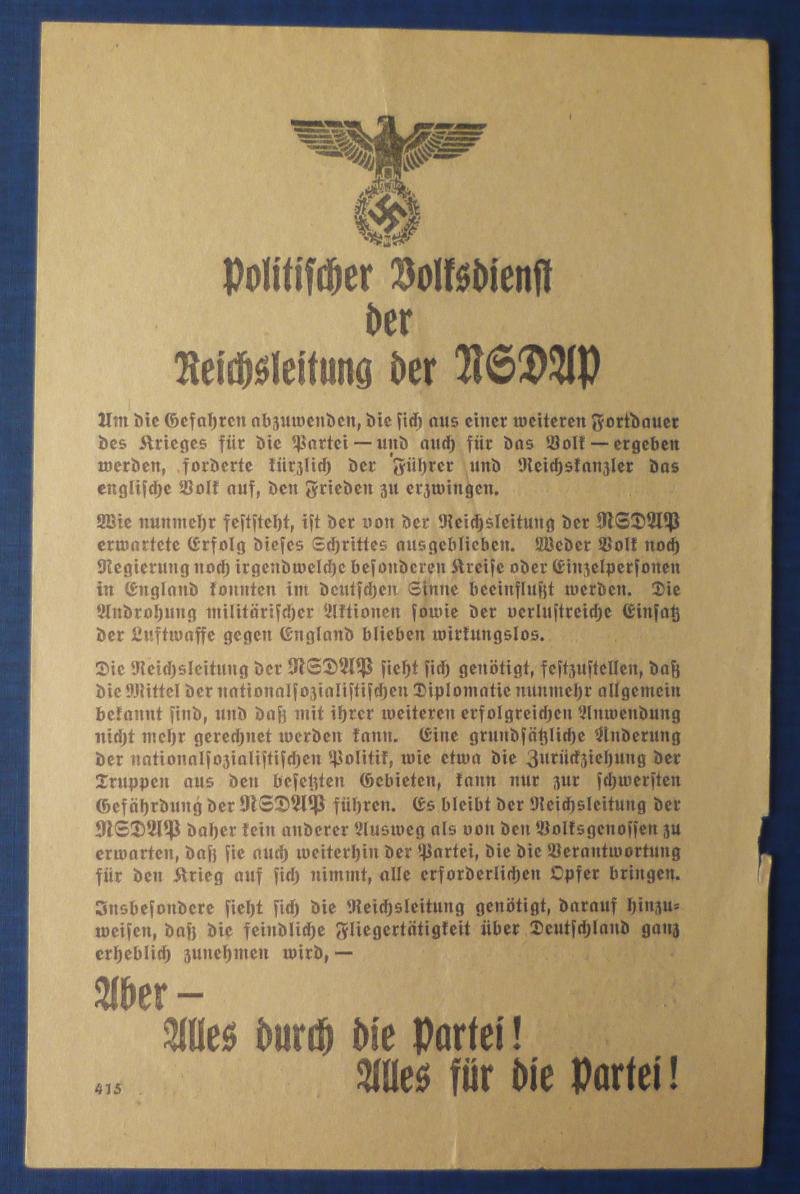 Third Reich : Allied Propaganda Leaflet Dropped over Germany.