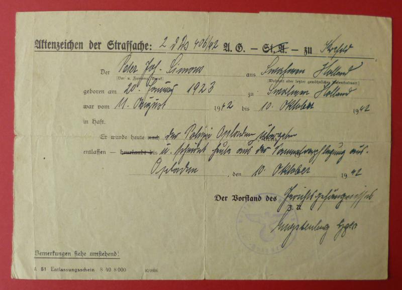 Third Reich : Record of Criminal Case Document (Aktenzeichen der Strafsache).