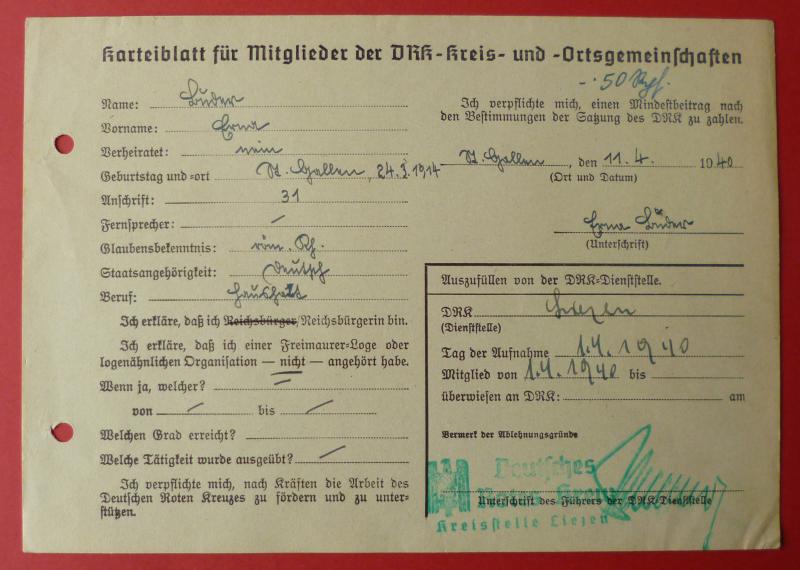 Third Reich : Index card for Members of the Deutsches Rotes Kreuz (DRK).