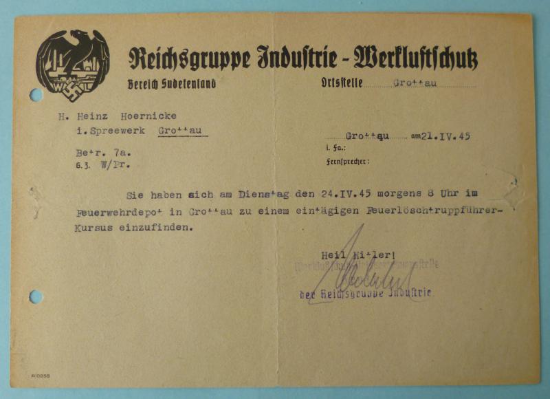 Third Reich : Werkluftschutz Headed Letter dated 21st April 1945.