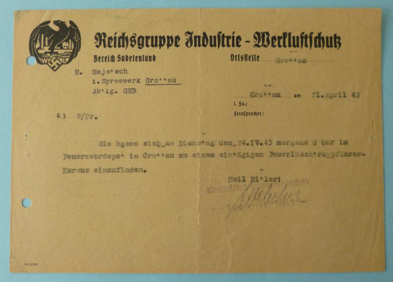 Third Reich : Werkluftschutz Headed Letter dated 21st April 1945.