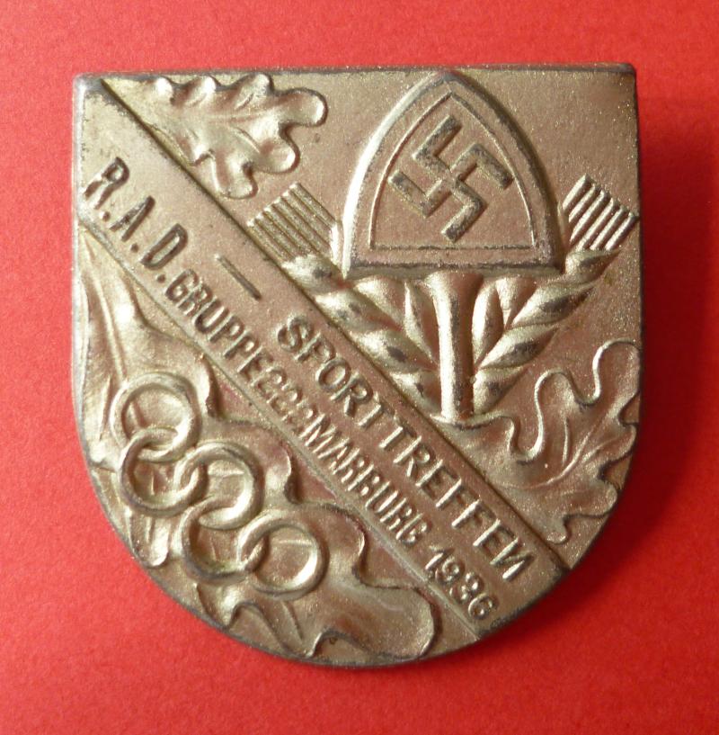 Third Reich : Reichsarbeitsdienst (RAD) Gruppe 222, Marburg 1936 Sporttreffen Donation Badge.