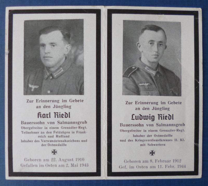 Third Reich : Army Casualty Memorial Card for Two Brothers.