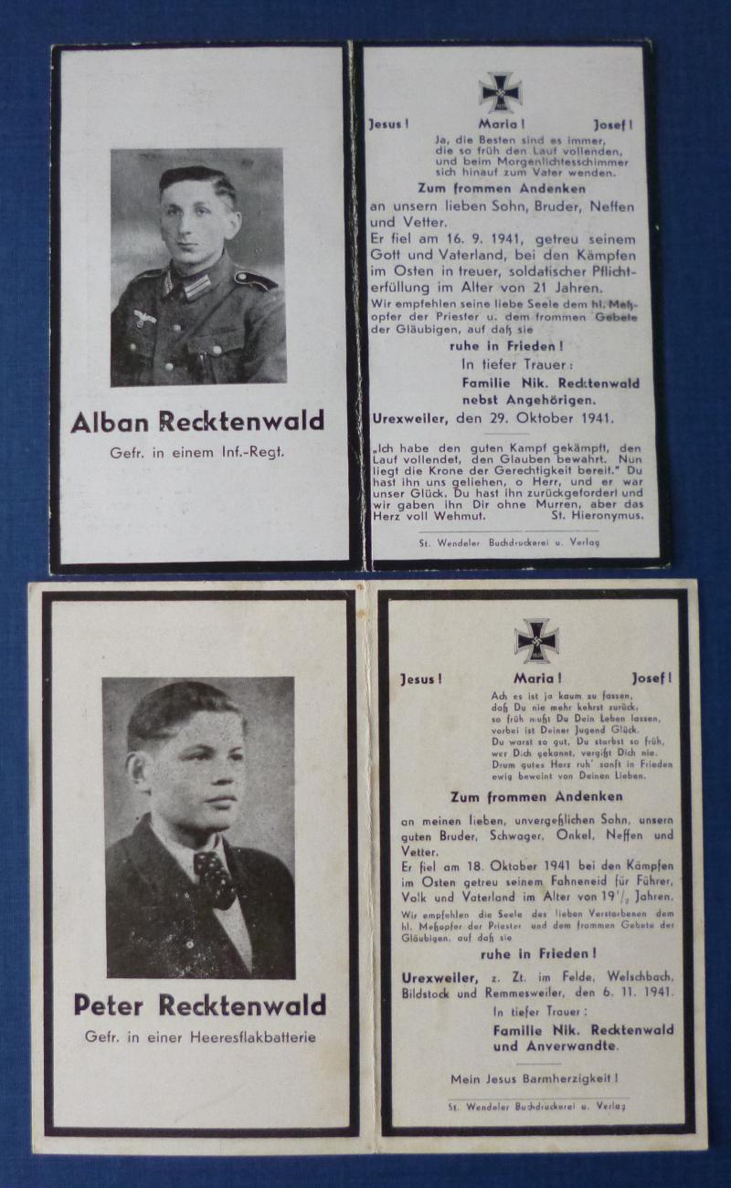 Third Reich : Two Army Casualty Memorial Cards for Two Brothers.