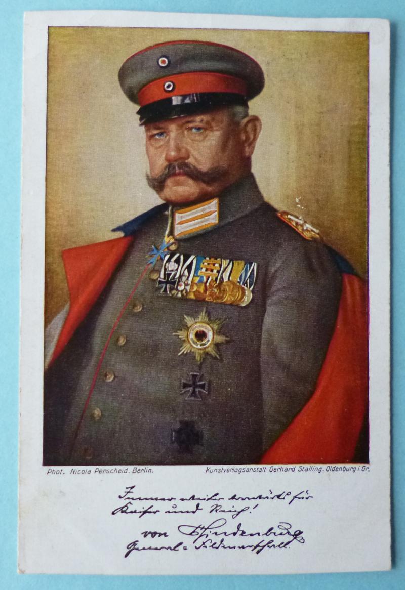 Imperial ; German WW1 Colour Painted Portrait Postcard of Generalfeldmarchall von Hindenburg.