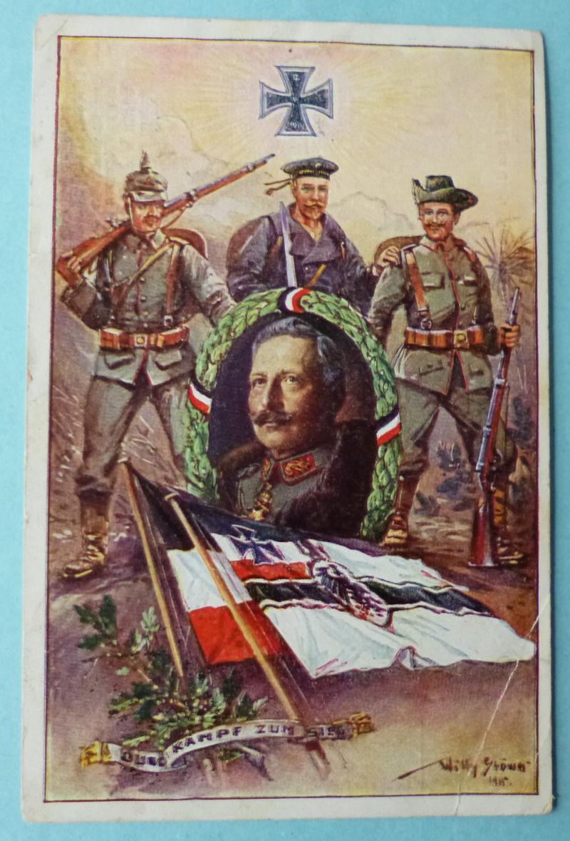 Imperial : German WW1 Picture Postcard showing a Collage of the Kaiser with Colonial Troops.