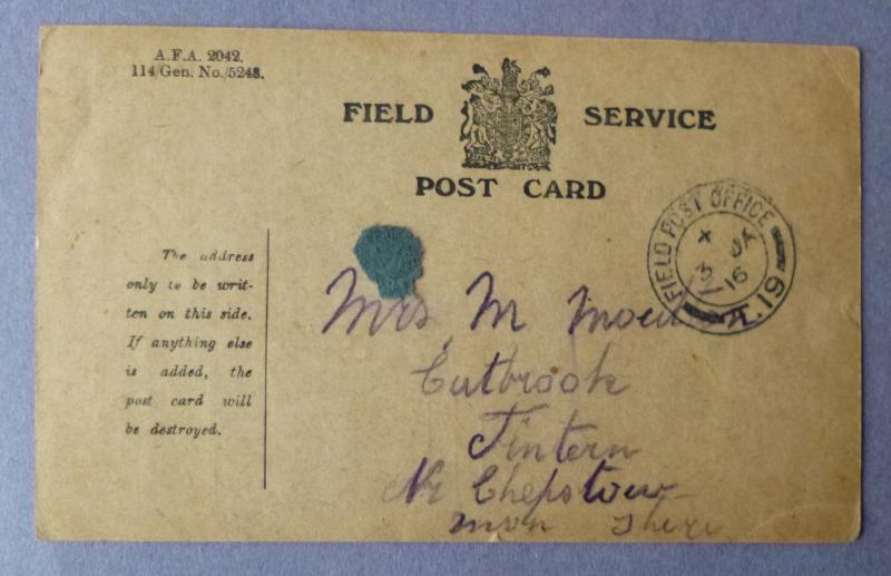 WW1 Field-Service Post-card dated January 1916.