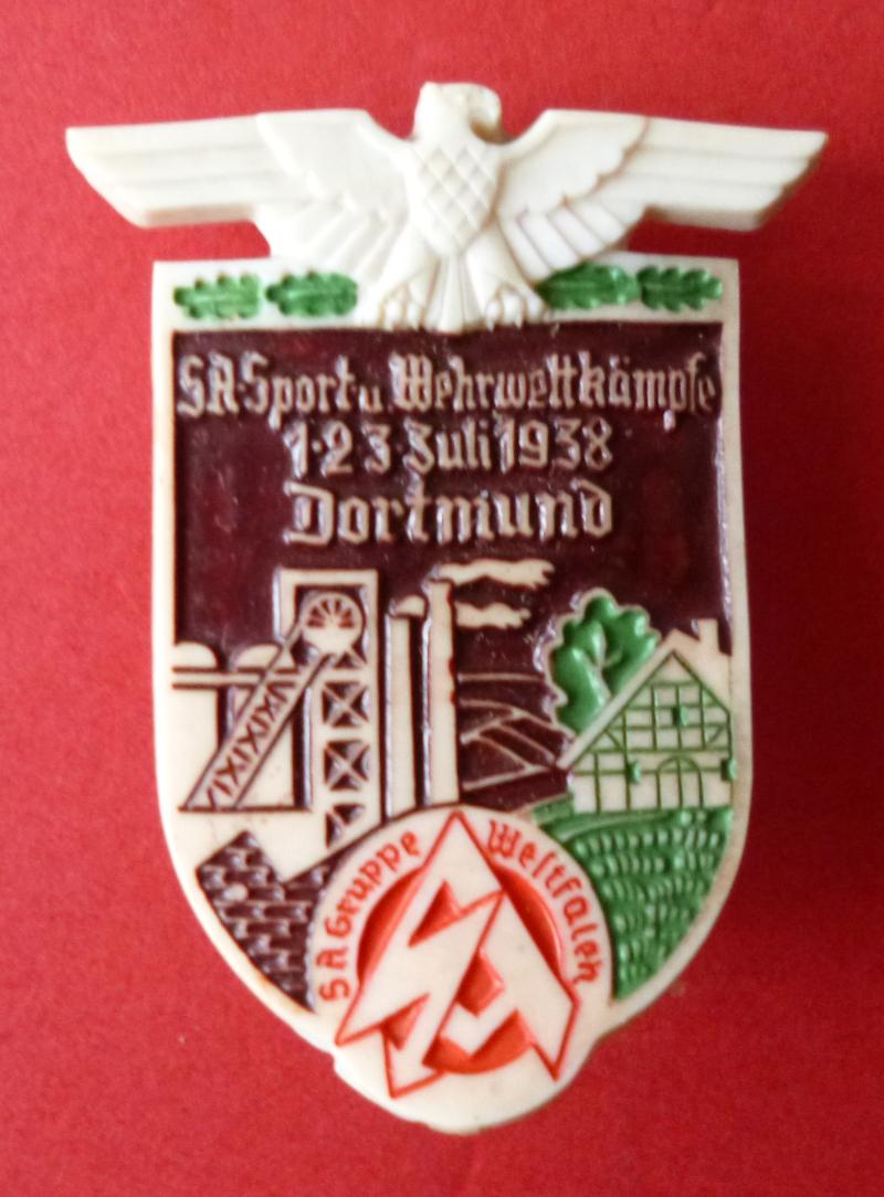 Third Reich : Plastic Event-badge for the SA-Gruppe Westfalen Sport & Military Competitions in Dortmund, 1st -  3rd July 1938.
