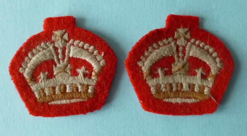 Pair of Army Major's Machine-embroidered King's Crowns on  Red Backing.