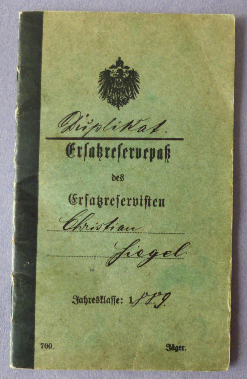 Imperial : German Army Jäger Replacement-Reservist's Pass-book.