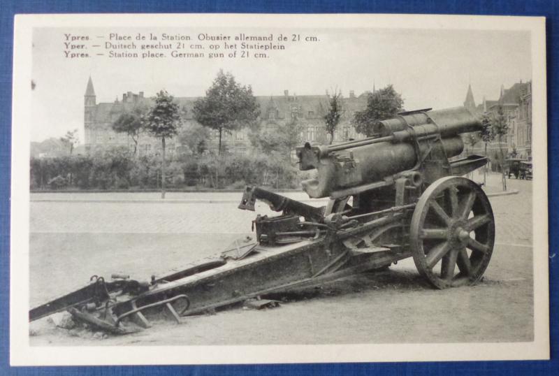 Post-WW1 Postcard-photo of a German 21cm Field-gun on Display in Ypres.