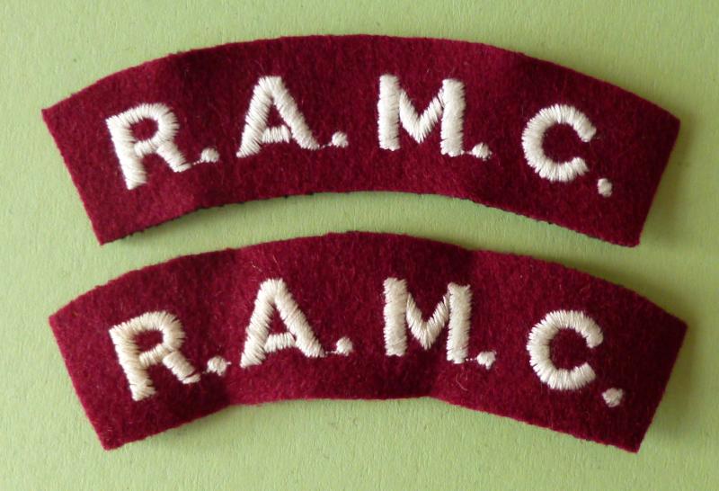 Pair of Royal Army Medical Corps 'R.A.M.C.' Machine-embroidered Cloth Shoulder titles.