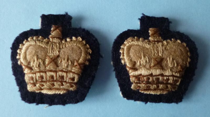 Pair of Army Major's Machine-embroidered Queen's Crowns on Dark-blue Backing. .