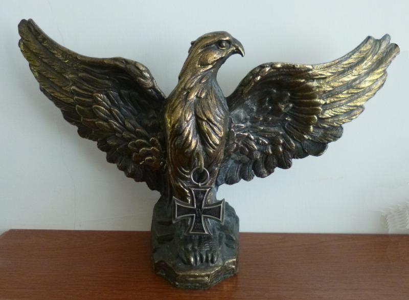 Imperial : German Large Cast Bronze / Brass Eagle Desk Ornament with Original 1914 Iron Cross 2nd Class Suspended from its Breast.