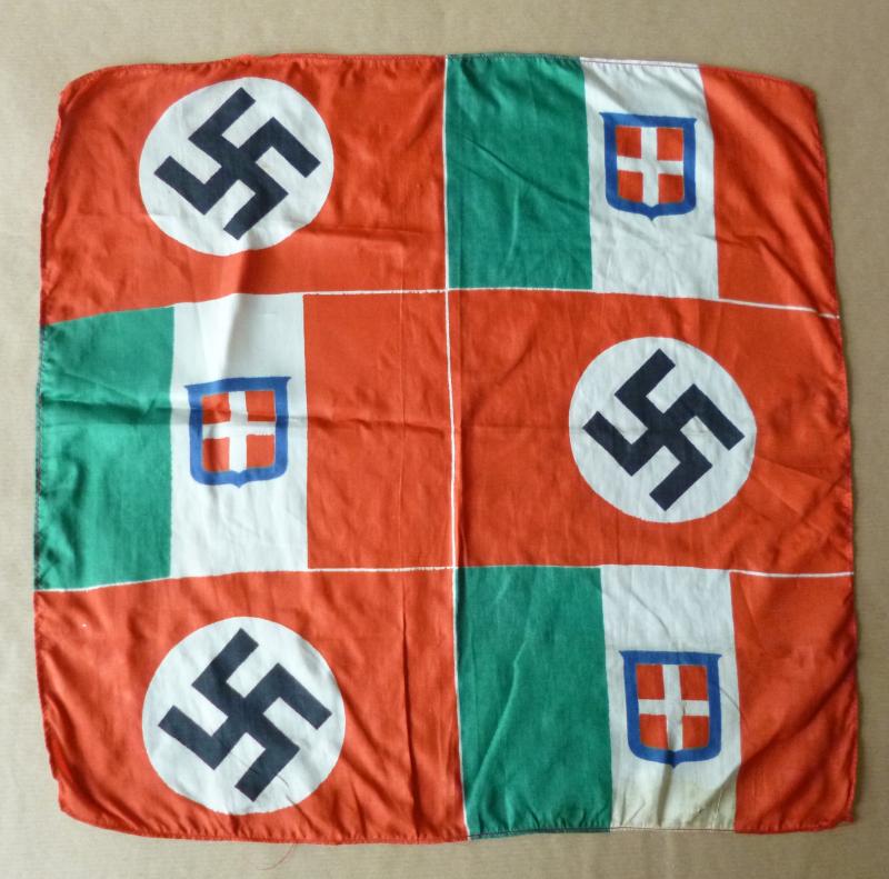 Third Reich : Printed Silk Souvenir Handkerchief showing German and Italian National Flags.