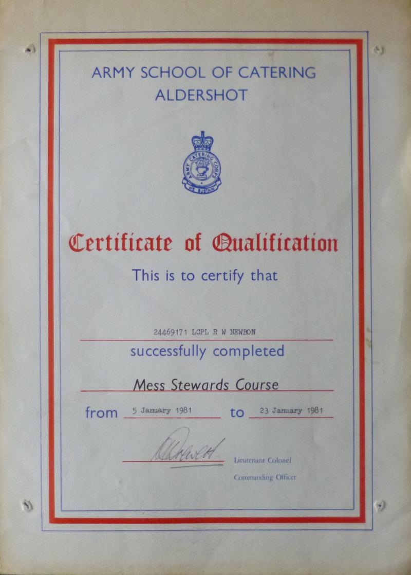 Army School of Catering Aldershot Certificate of Qualification.