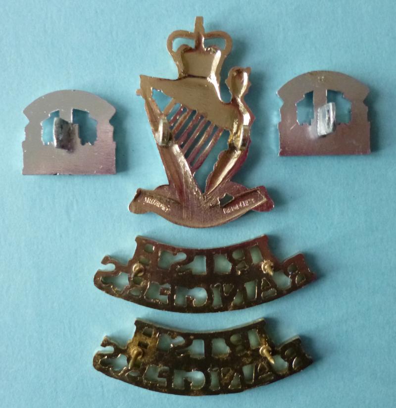 Set of Royal Irish Rangers Staybrite Cap-badge, Collar-badges and Shoulder-titles.
