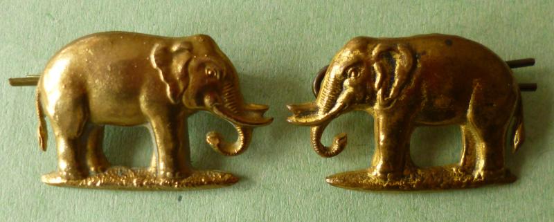 Connaught Rangers Pair of Facing Elephant Brass Collar-badges.