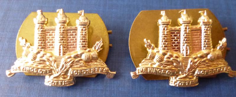 Pair of The King's Own Scottish Borderers Staybrite Collar-badges.